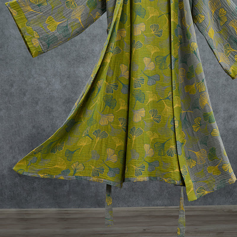 Kimono en coton vert et gris à motif de ginkgo Ownkoti - image 11