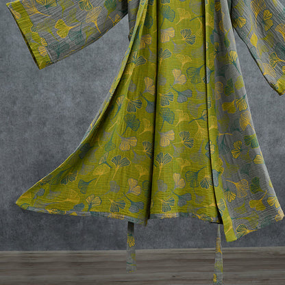 Kimono en coton vert et gris à motif de ginkgo Ownkoti - image 11