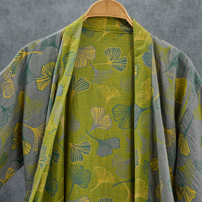 Kimono en coton vert et gris à motif de ginkgo Ownkoti - image 10