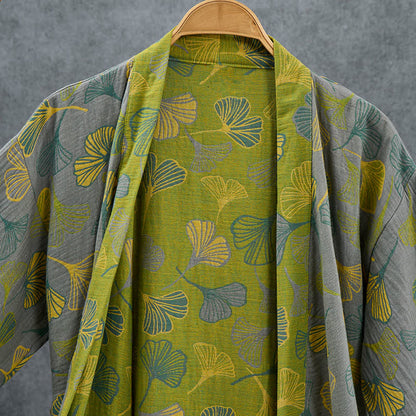 Kimono en coton vert et gris à motif de ginkgo Ownkoti - image 10
