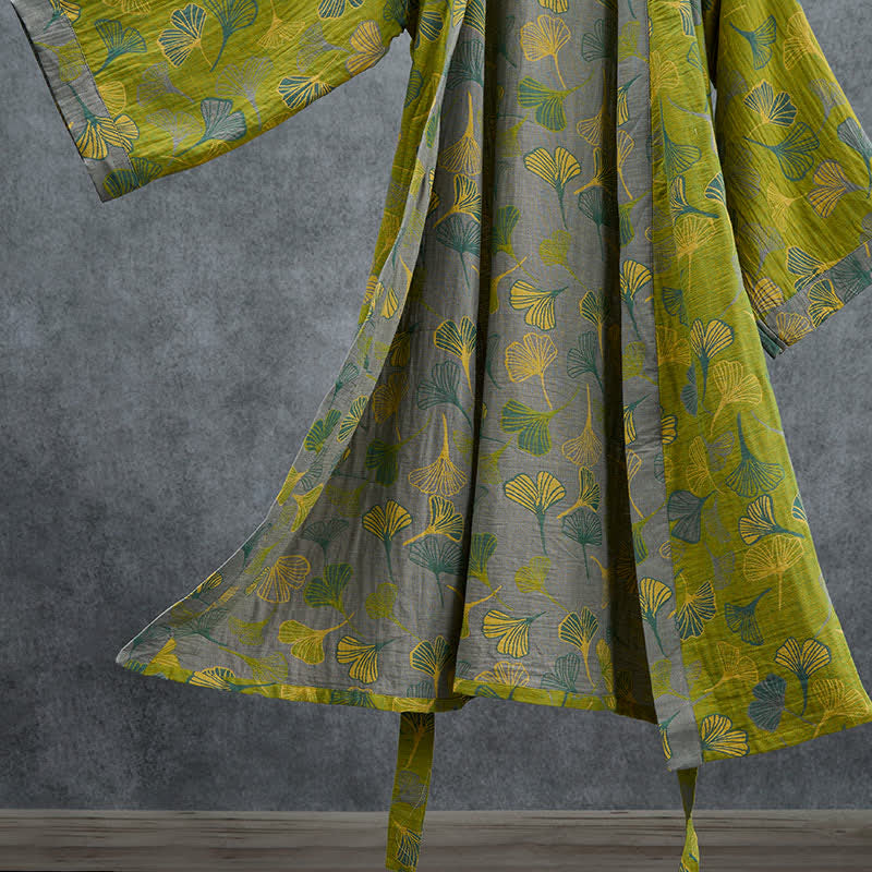 Kimono en coton vert et gris à motif de ginkgo Ownkoti - image 4