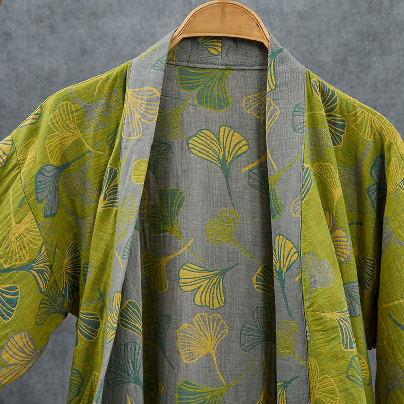 Kimono en coton vert et gris à motif de ginkgo Ownkoti - image 3