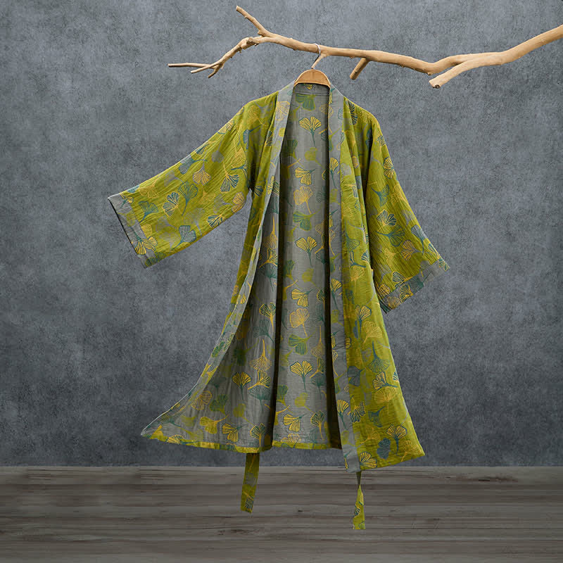 Kimono en coton vert et gris à motif de ginkgo Ownkoti - Vert - 2XL - image 0