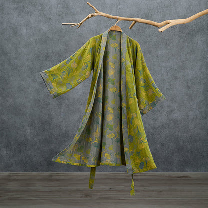 Kimono en coton vert et gris à motif de ginkgo Ownkoti - Vert - 2XL - image 0