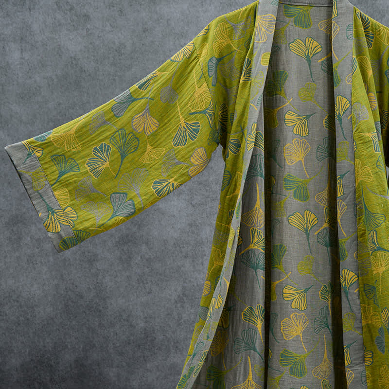 Kimono en coton vert et gris à motif de ginkgo Ownkoti - image 2
