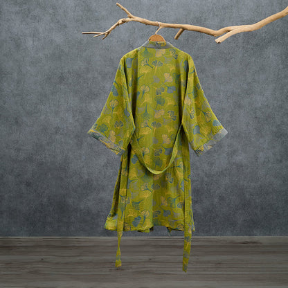 Kimono en coton vert et gris à motif de ginkgo Ownkoti - image 1