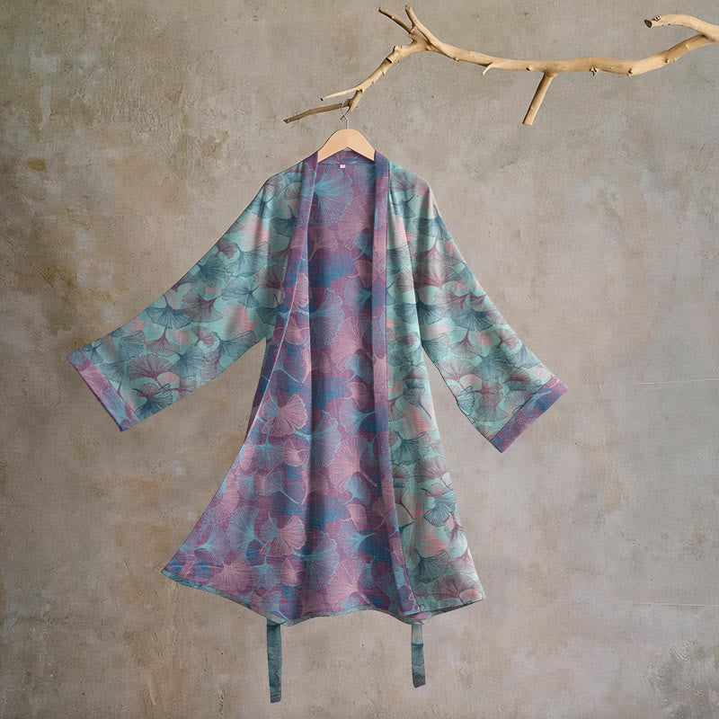 Kimono en coton à motif de feuilles de ginkgo Ownkoti Dreamy - Menthe Lavande - 2XL - image 0