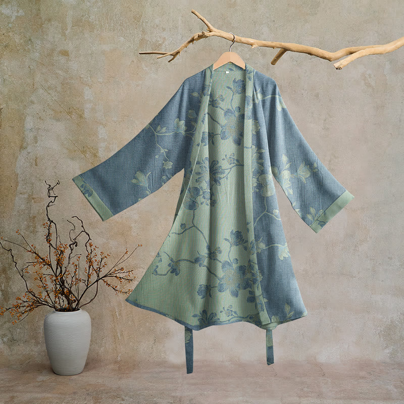 Kimono Ownkoti bleu sauge à fleurs en coton - Bleu et sauge - 2XL - image 0