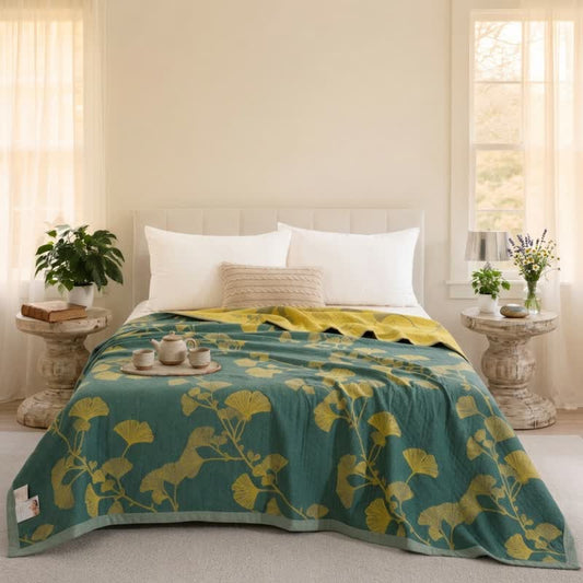 Couette réversible en coton à motif feuille de ginkgo nordique Ownkoti - Vert - Édredon - Cal King - image 0