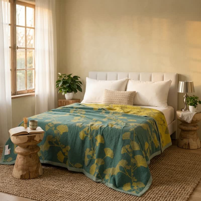 Couette réversible en coton à motif feuille de ginkgo nordique Ownkoti - image 1