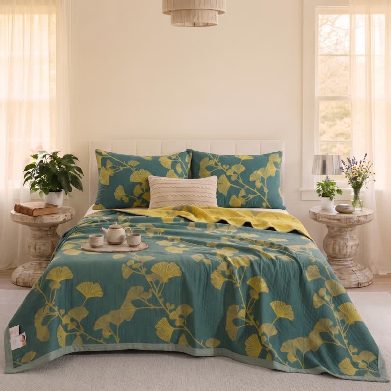 Couette réversible en coton à motif feuille de ginkgo nordique Ownkoti - Vert - Couette avec 2 taies d'oreiller - Cal King - image 2