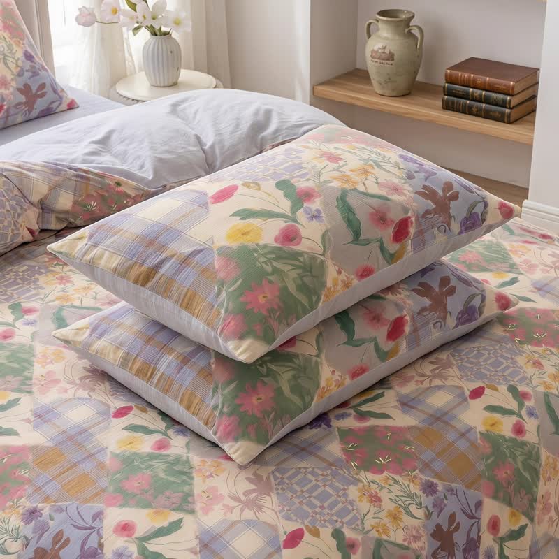 Ensemble de literie en coton à motifs floraux et patchwork de jardin Ownkoti - Multicolore - 20 po x 37 po - 2 taies d'oreiller - image 4