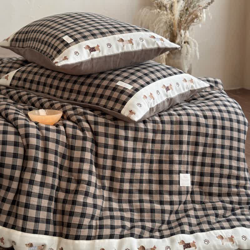 Couette confortable en vichy kaki avec broderie de chiot - Brun - Couette avec 2 taies d'oreiller - Reine - image 4