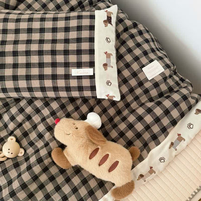 Couette confortable en vichy kaki avec broderie de chiot - Brun - 2 taies d'oreiller - 19" × 29" - image 5