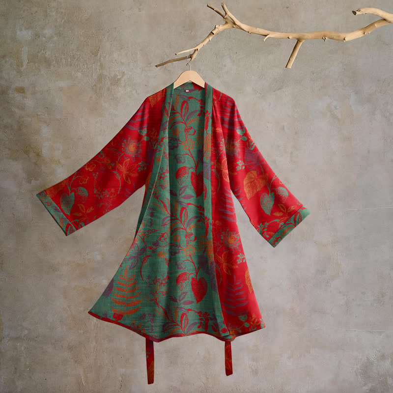 Kimono Ownkoti rétro en coton jacquard à feuilles - Rouge et vert - 2XL - image 0