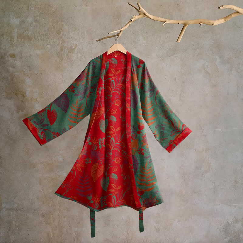 Kimono Ownkoti rétro en coton jacquard à feuilles - Vert et rouge - 2XL - image 5