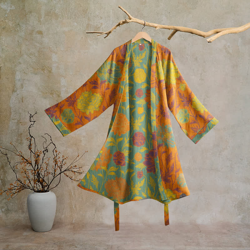 Robe de chambre vintage en coton à fleurs Ownkoti - Orange et turquoise - 2XL - image 0