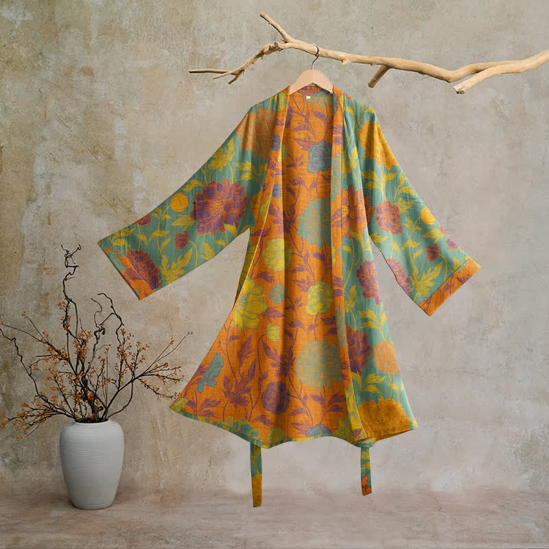 Robe de chambre vintage en coton à fleurs Ownkoti - Turquoise et orange - 2XL - image 5