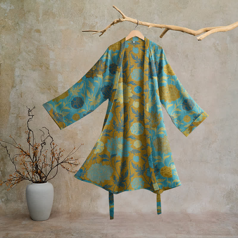 Robe de chambre vintage en coton à fleurs Ownkoti - Bleu et vert - 2XL - image 10
