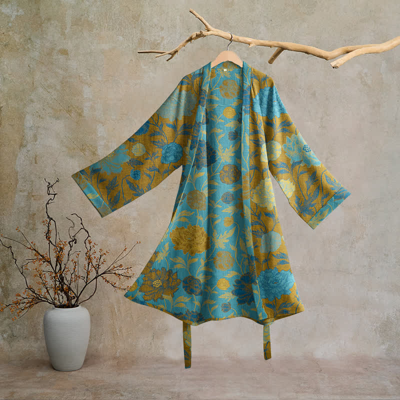 Robe de chambre vintage en coton à fleurs Ownkoti - Vert et bleu - 2XL - image 15