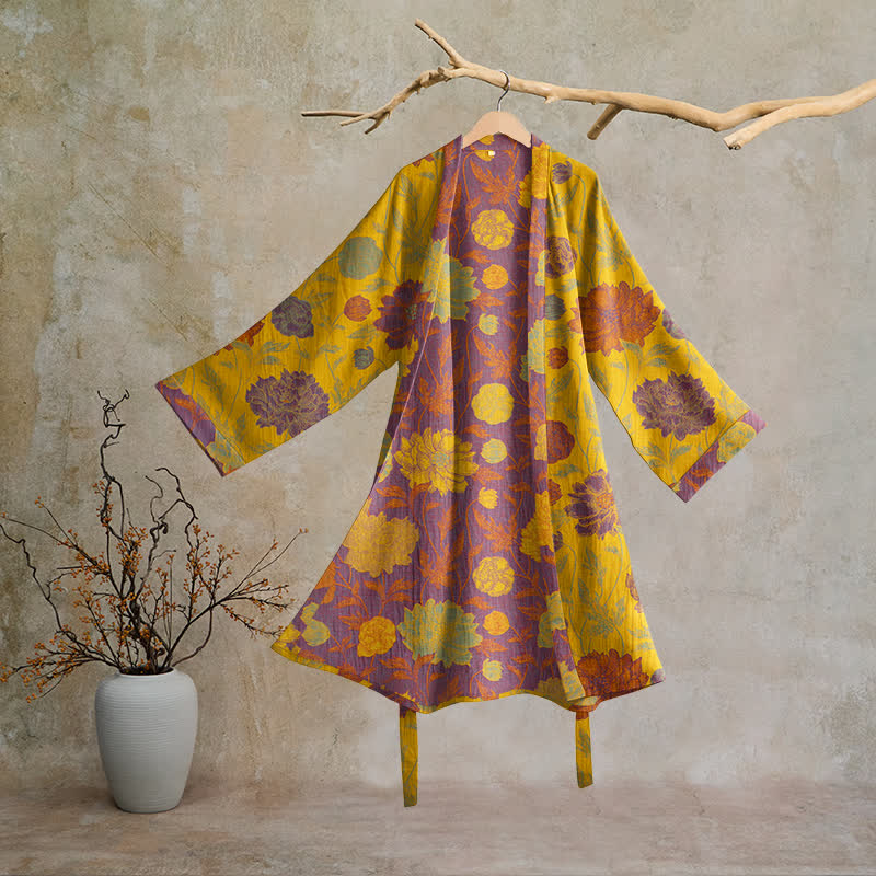 Robe de chambre vintage en coton à fleurs Ownkoti - Jaune et violet - 2XL - image 20