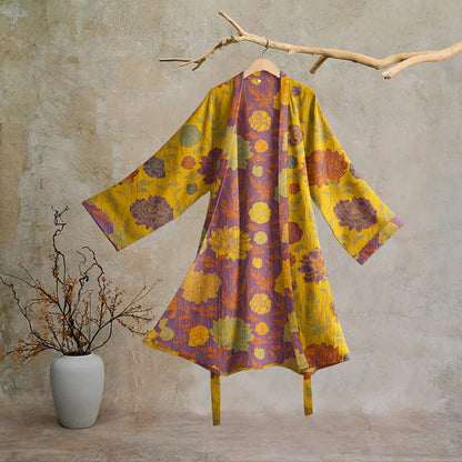 Robe de chambre vintage en coton à fleurs Ownkoti - Jaune et violet - 2XL - image 20