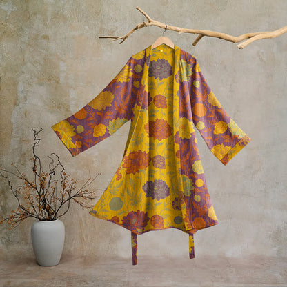 Robe de chambre vintage en coton à fleurs Ownkoti - Violet et jaune - 2XL - image 25