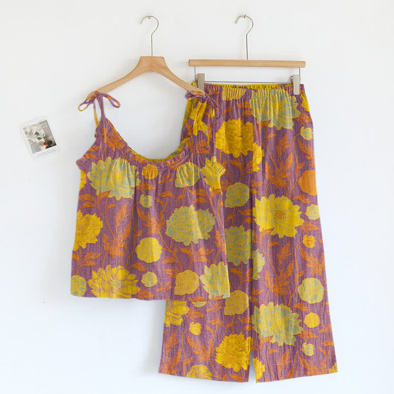 Ensemble de détente Ownkoti rétro pivoine en coton à bretelles fines - Violet et jaune - XL - image 20