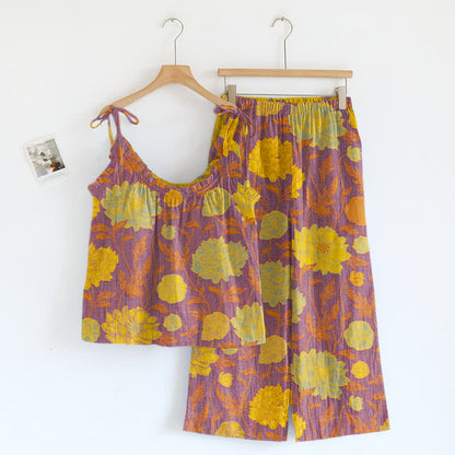 Ensemble de détente Ownkoti rétro pivoine en coton à bretelles fines - Violet et jaune - XL - image 20