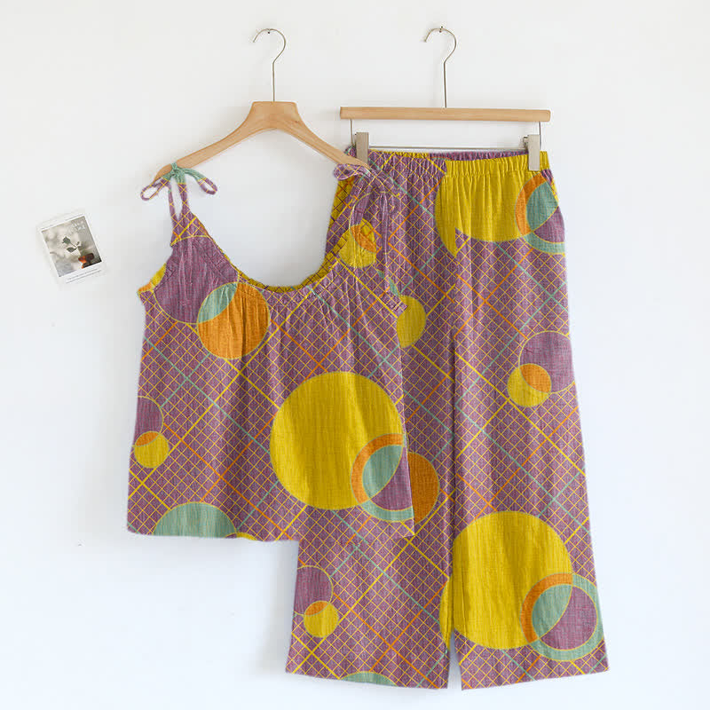 Ensemble pyjama débardeur à motif de cercle abstrait - Violet et jaune - XL - image 0