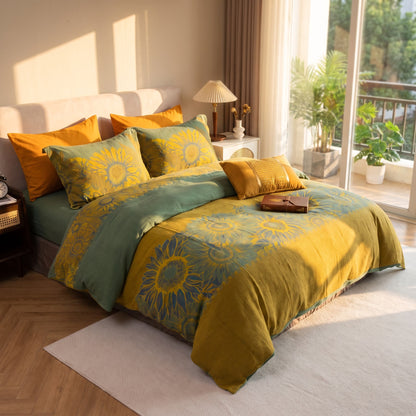 Parure de lit Ownkoti Vintage Tournesol en gaze de coton - Vert et jaune - Roi - image 19
