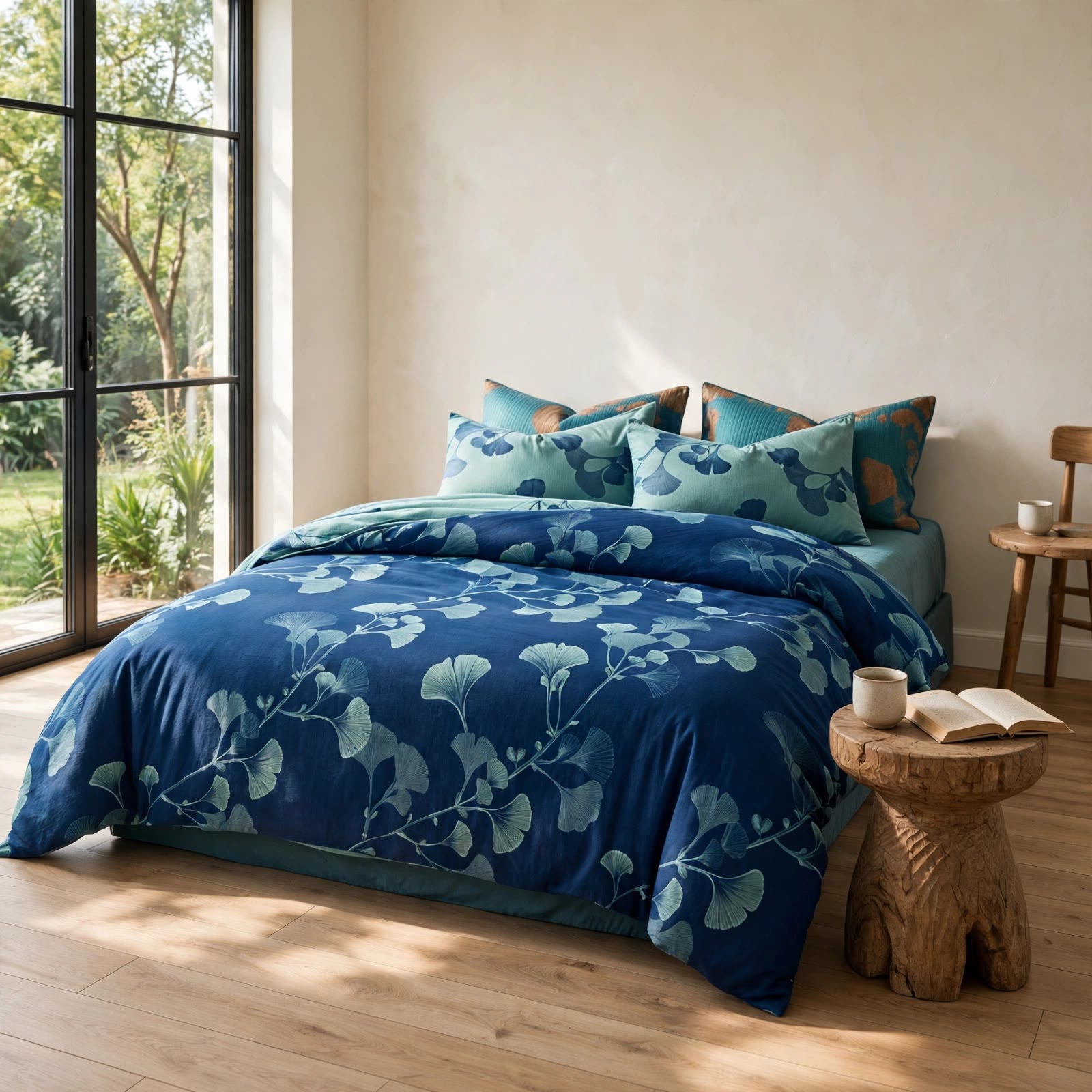 Ensemble de literie en coton à feuilles de ginkgo vintage Ownkoti - Bleu - Roi - image 0