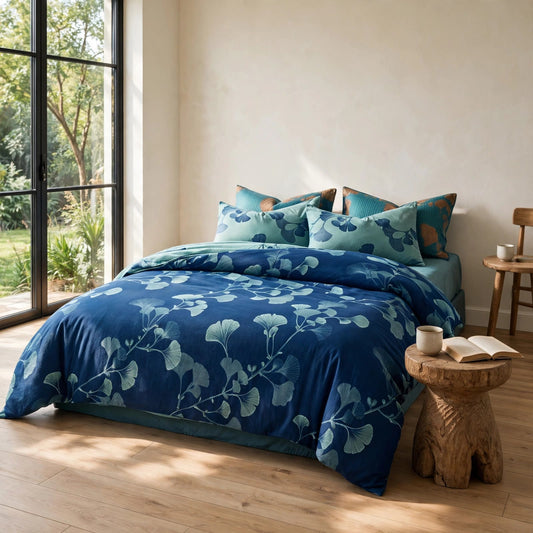 Ensemble de literie en coton à feuilles de ginkgo vintage Ownkoti - Bleu - Roi - image 0