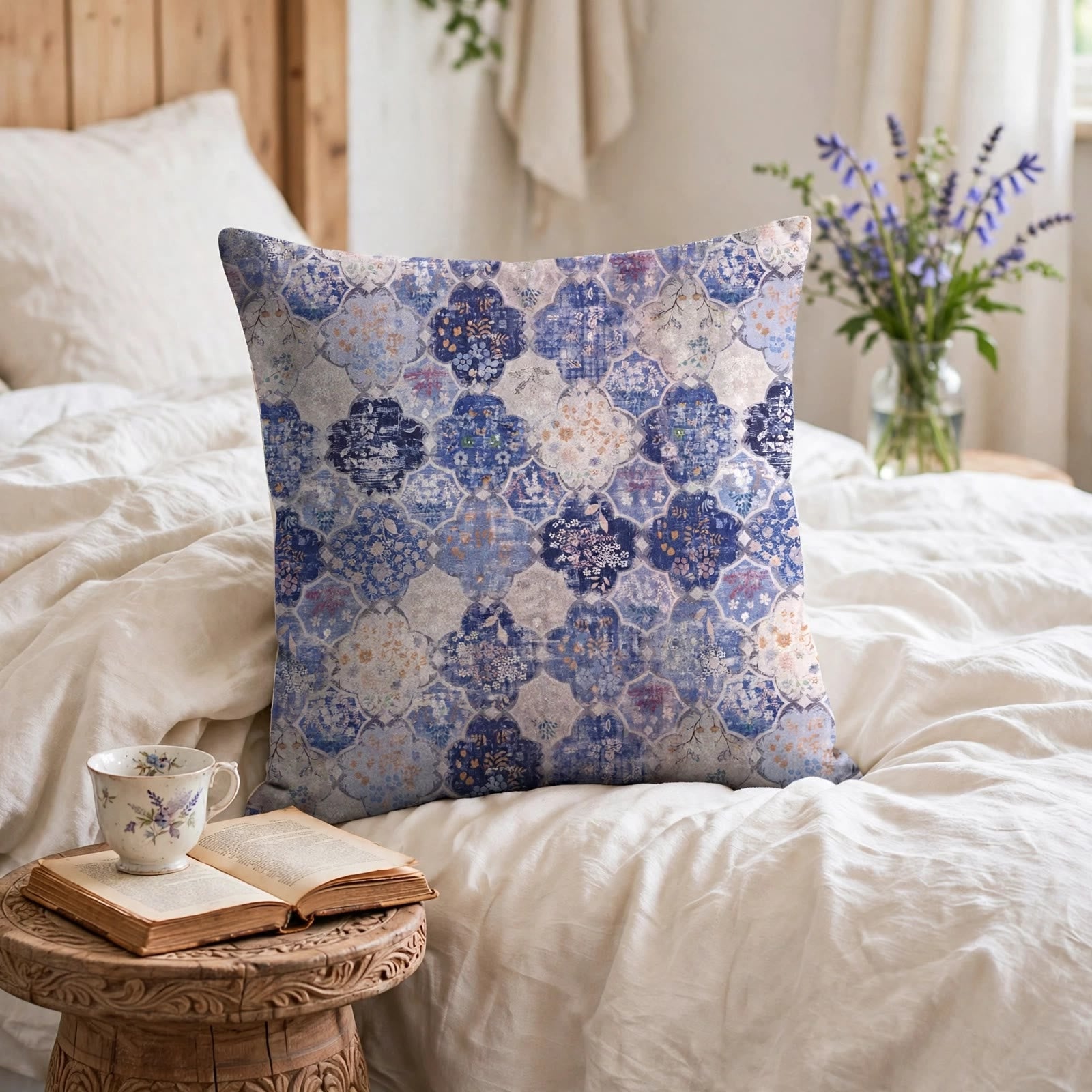 Housse de coussin carrée à motif floral marocain rétro Ownkoti - Bleu et violet - Housse de coussin avec garniture - image 0