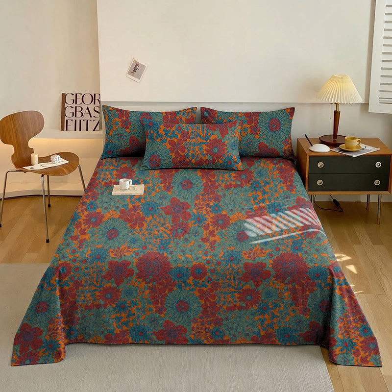 Ensemble de literie en gaze de coton à motif floral rétro Ownkoti - Vert - Couvre-lit avec 2 taies d'oreiller - Roi - image 1