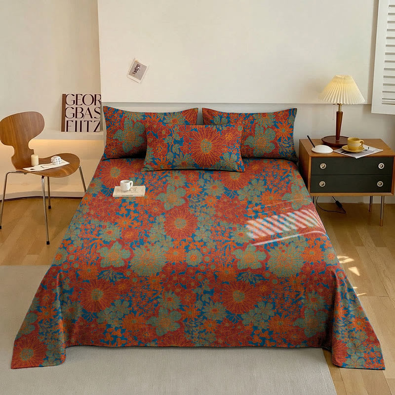 Ensemble de literie en gaze de coton à motif floral rétro Ownkoti - Rouge - Couvre-lit avec 2 taies d'oreiller - Roi - image 3