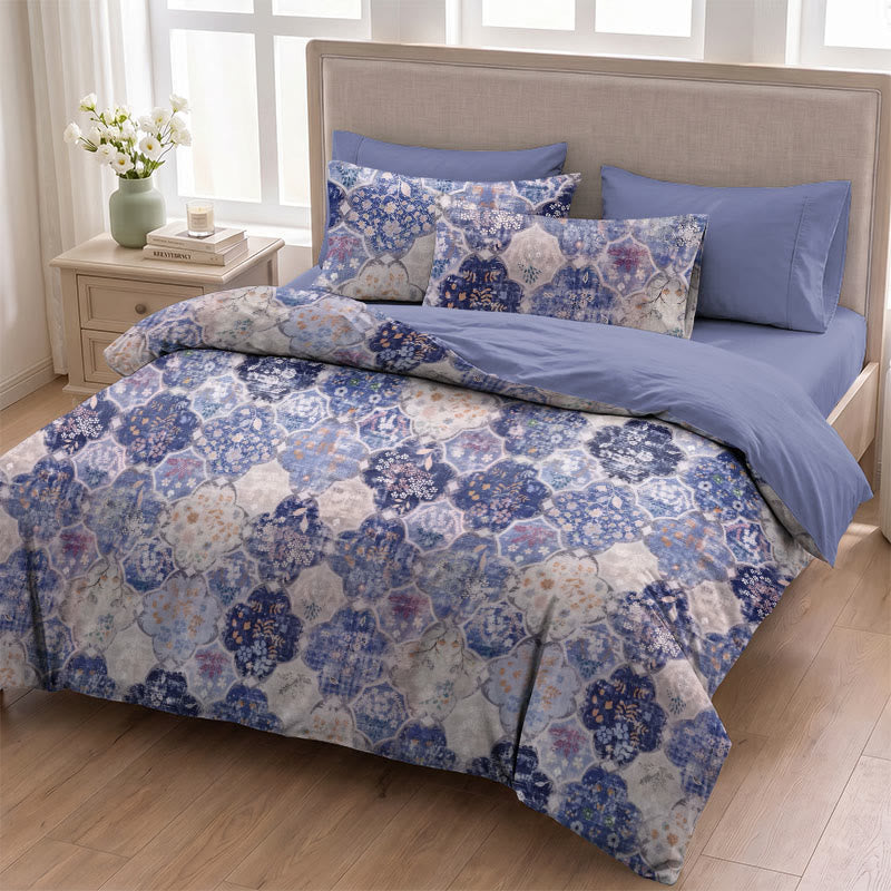Parure de lit en gaze de coton à motif floral mosaïque bleue Ownkoti - Bleu et violet - 3 pièces - Grand/Double - image 1