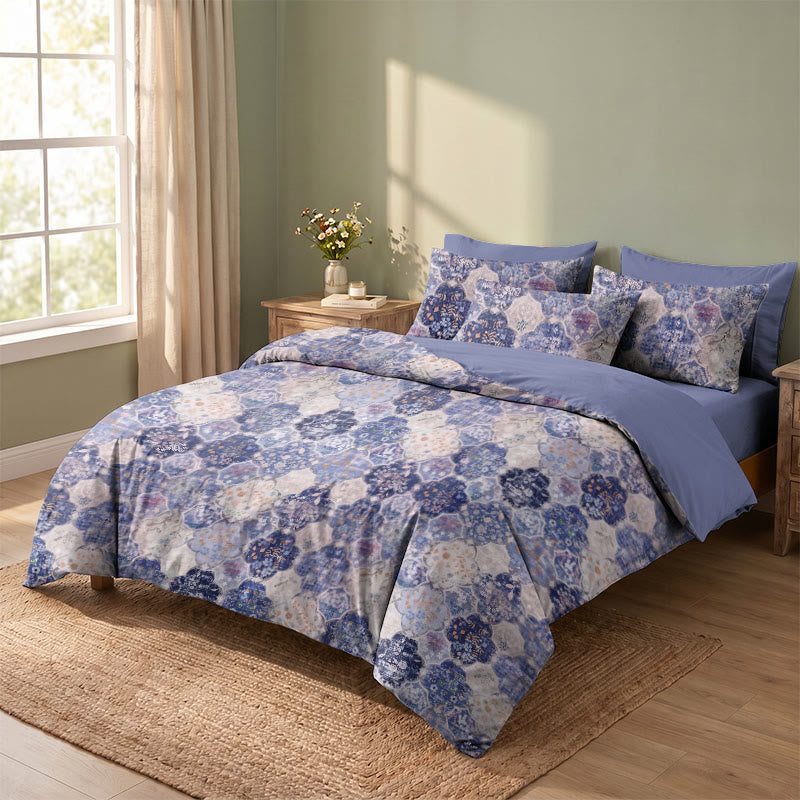 Parure de lit en gaze de coton à motif floral mosaïque bleue Ownkoti - image 0