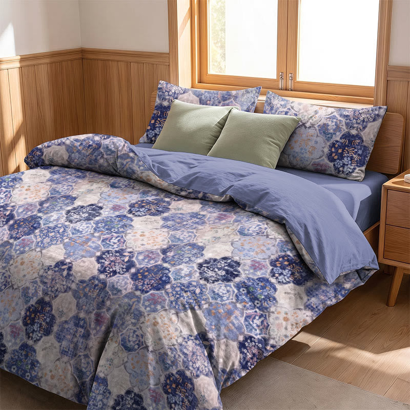 Parure de lit en gaze de coton à motif floral mosaïque bleue Ownkoti - image 2