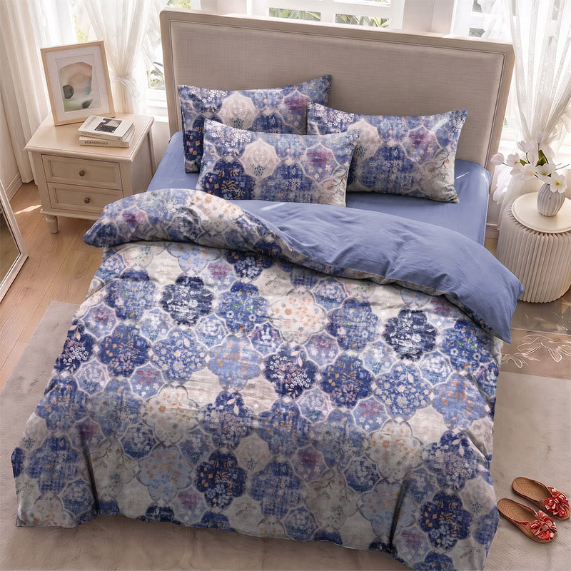 Parure de lit en gaze de coton à motif floral mosaïque bleue Ownkoti - image 3