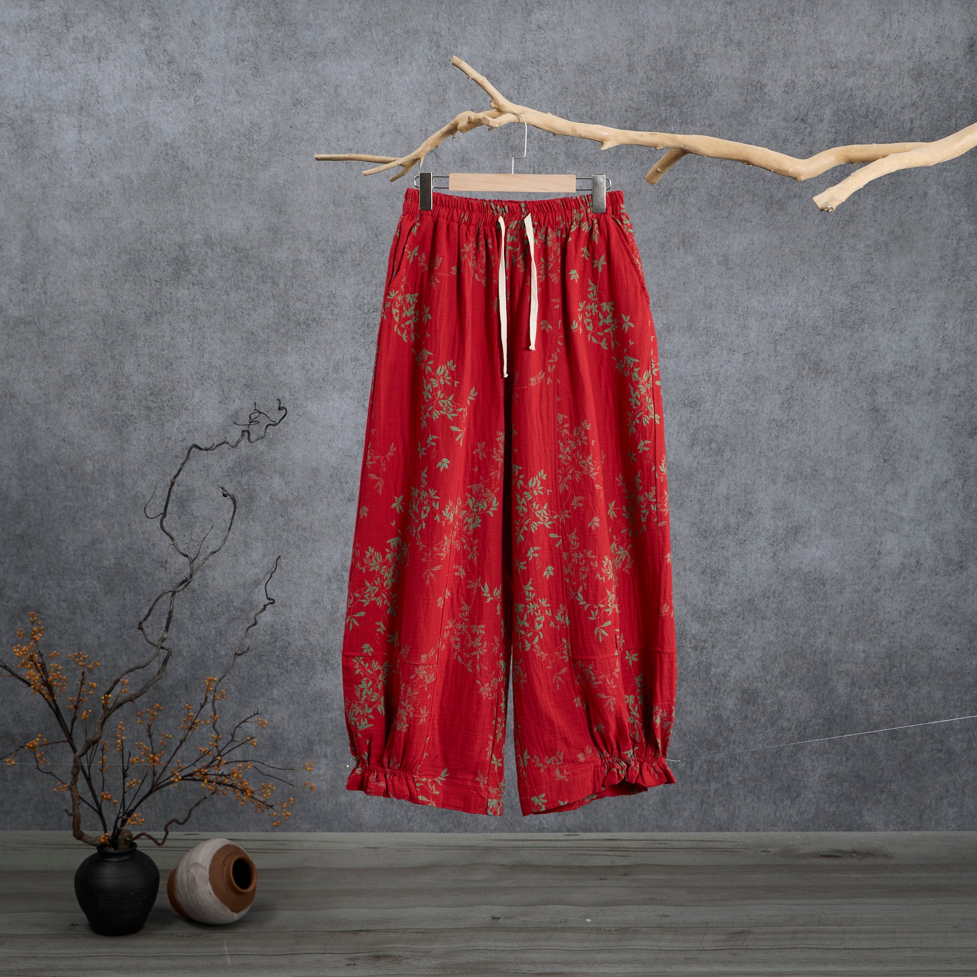 Pantalon de détente en coton à fleurs rouges Ownkoti - Rouge - XL - image 0