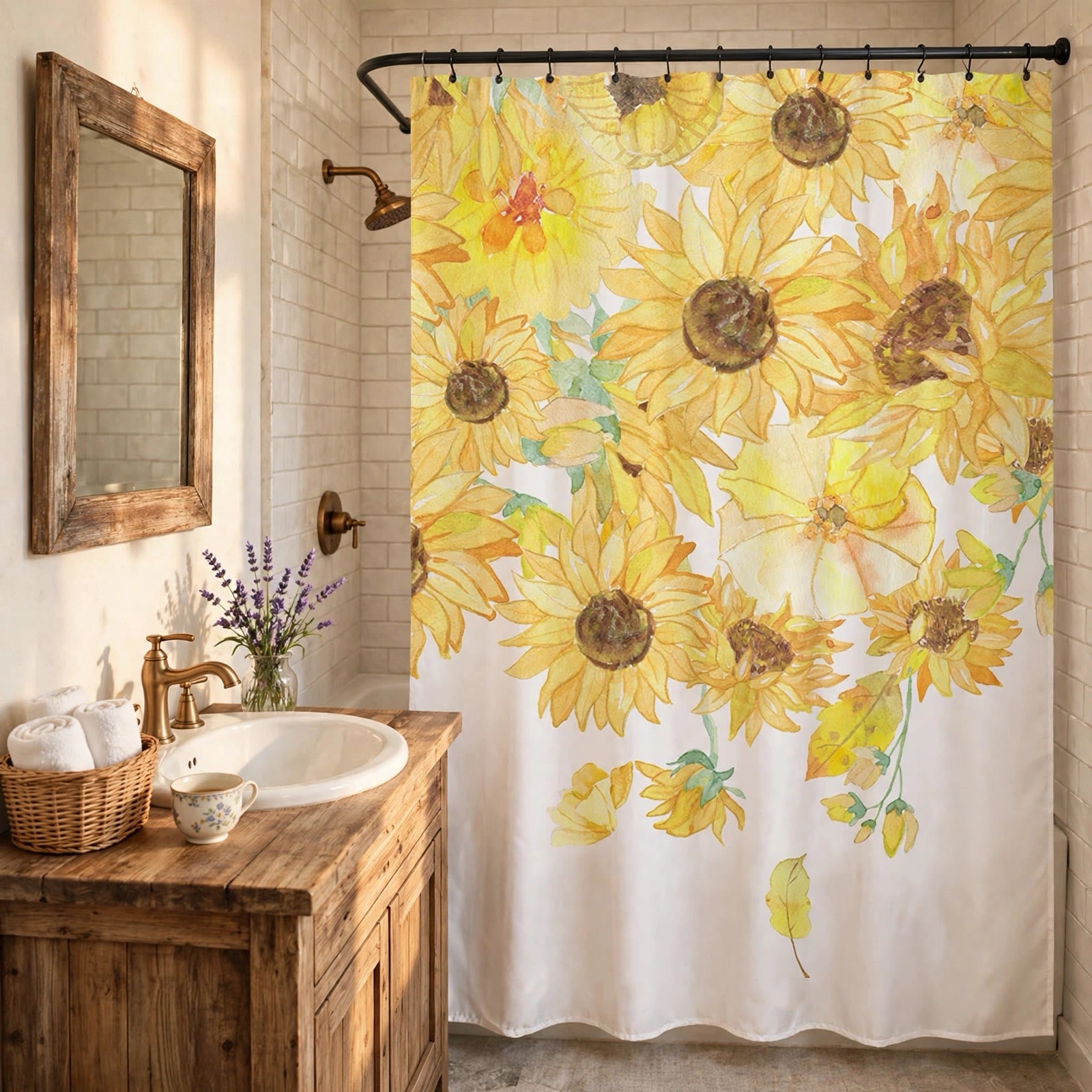 Rideau de douche imperméable Ownkoti Rustic Sunflower - Jaune et vert - 71 po L x 79 po l - image 0