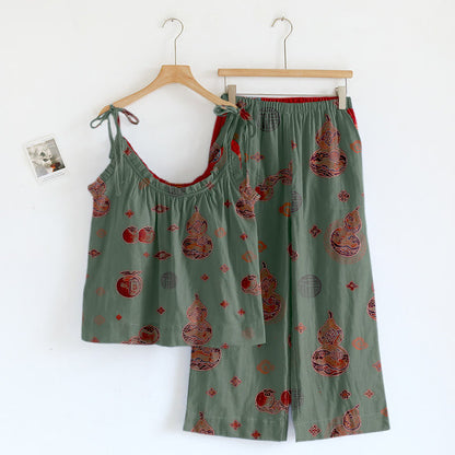 Ensemble pyjama en coton à imprimé de gourde porte-bonheur Ownkoti - Vert - XL - image 3