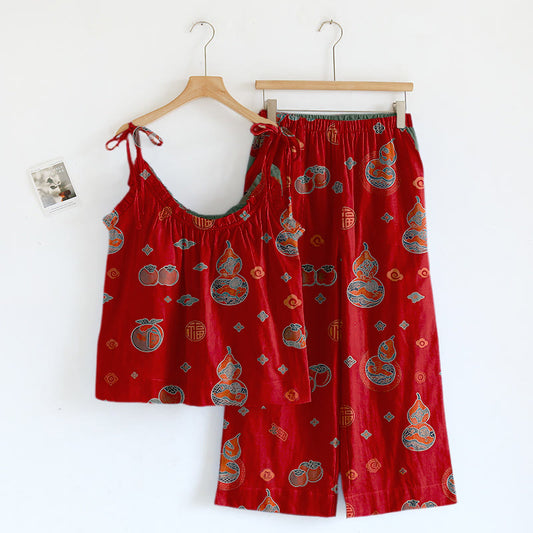 Ensemble pyjama en coton à imprimé de gourde porte-bonheur Ownkoti - Rouge - XL - image 0