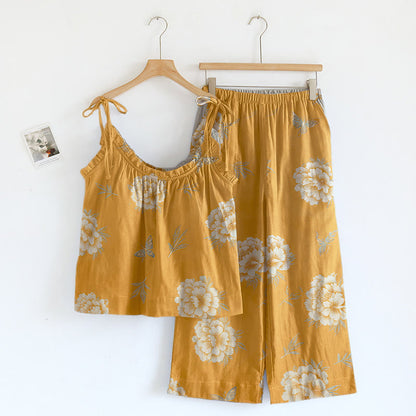 Ensemble de vêtements d'intérieur en coton Ownkoti rétro pivoine papillon - Jaune - XL - image 0