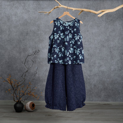 Ensemble de détente Ownkoti rétro bleu marine à fleurs, débardeur en coton. - Bleu marine - XL - image 0