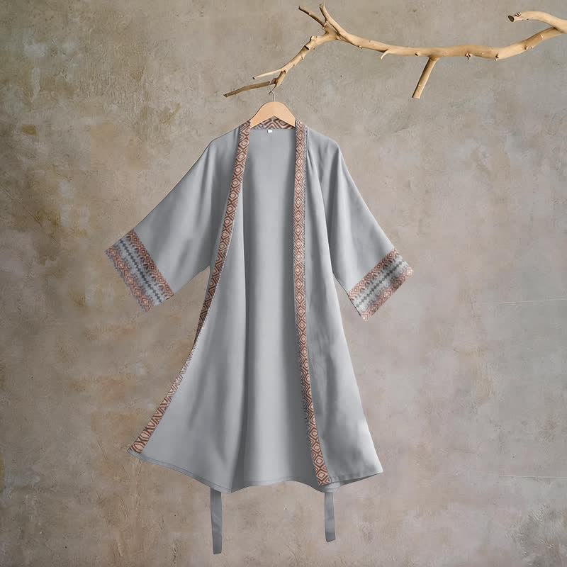 Peignoir de salon en coton à bordure géométrique rétro Ownkoti - Gris - XL - image 5