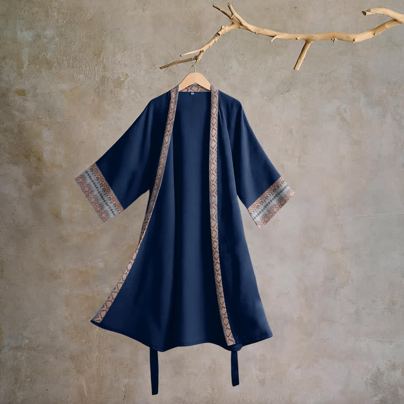 Peignoir de salon en coton à bordure géométrique rétro Ownkoti - Bleu - XL - image 0
