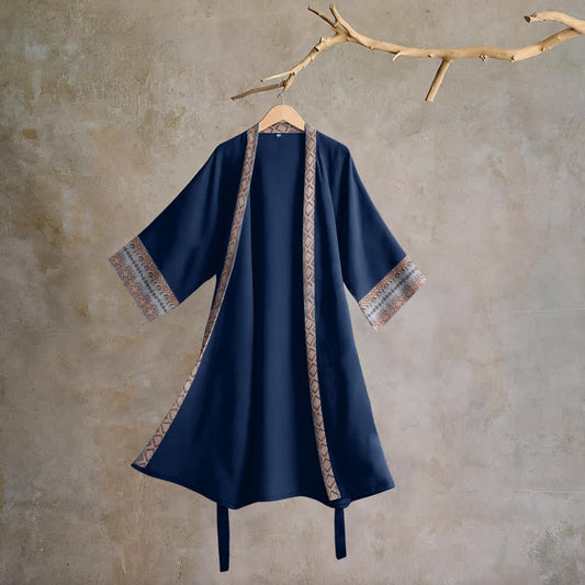 Peignoir de salon en coton à bordure géométrique rétro Ownkoti - Bleu - XL - image 0