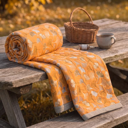 Couverture réversible en coton Ownkoti Golden Ginkgo - Orange - 90" x 92" - image 0